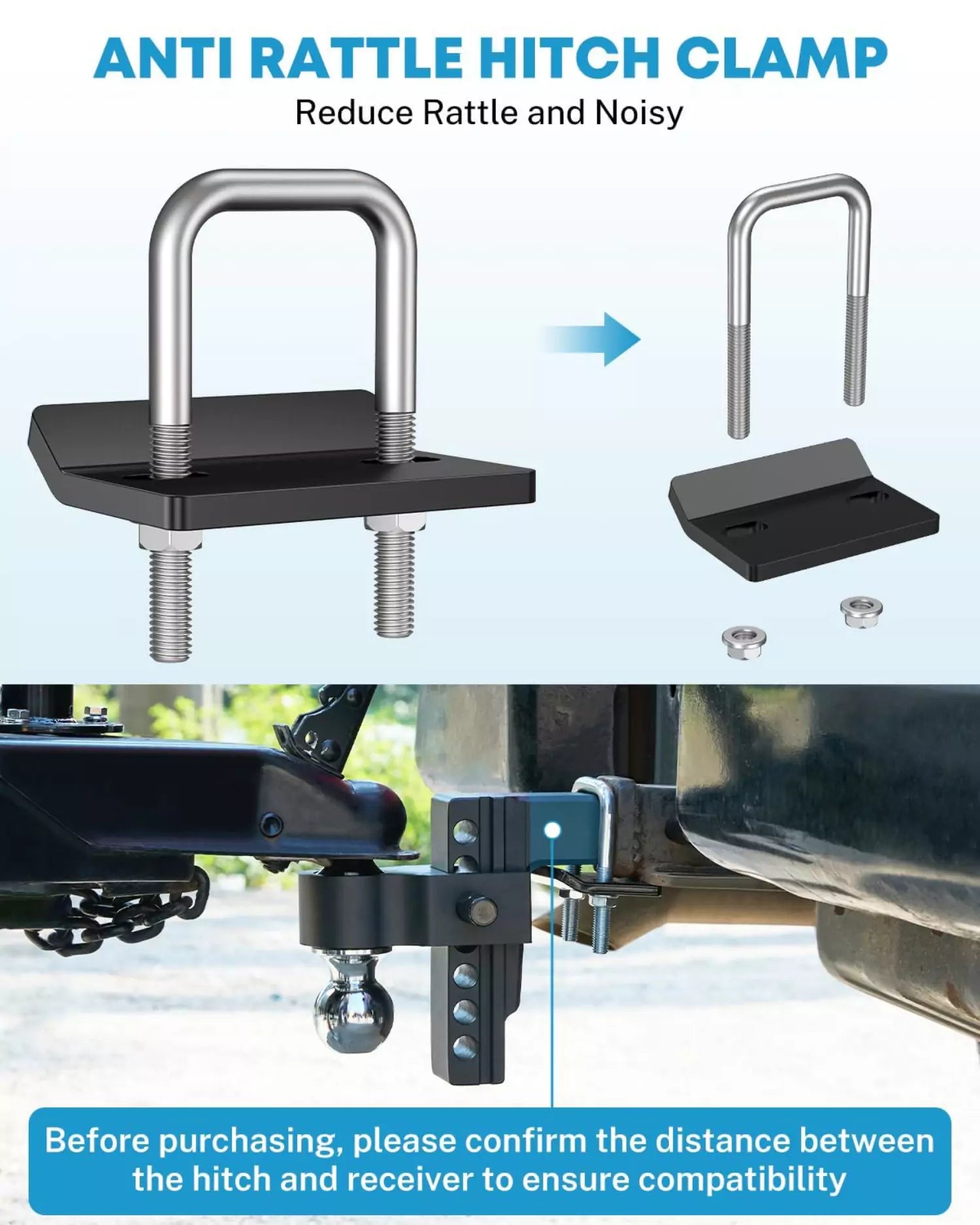 Adjustable drop trailer hitch with anti rattle hitch clamp