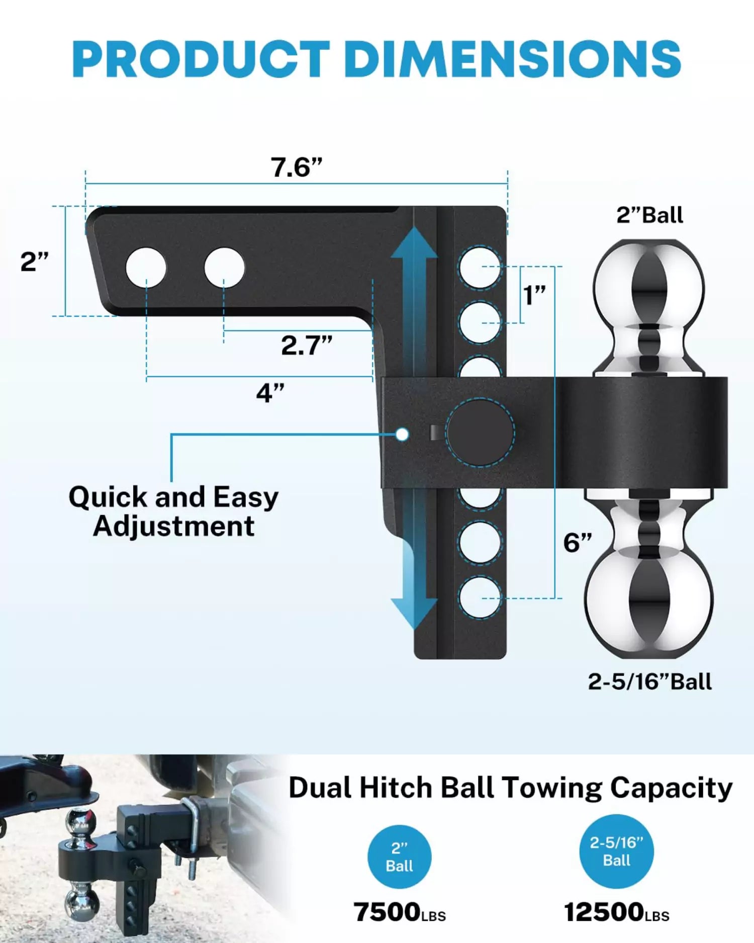 Adjustable hitch product dimensions