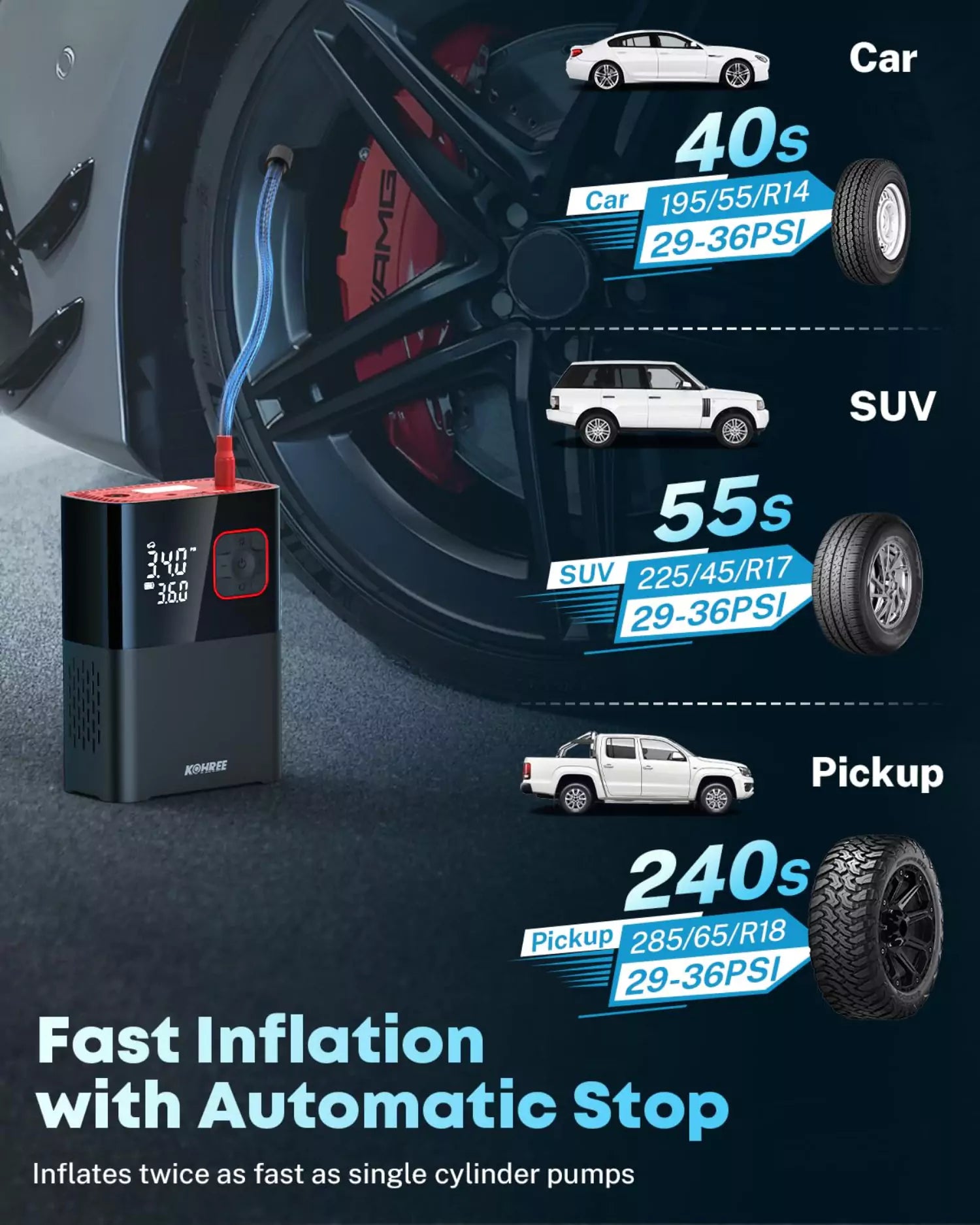 Air portable compressor fast inflation with automatic stop