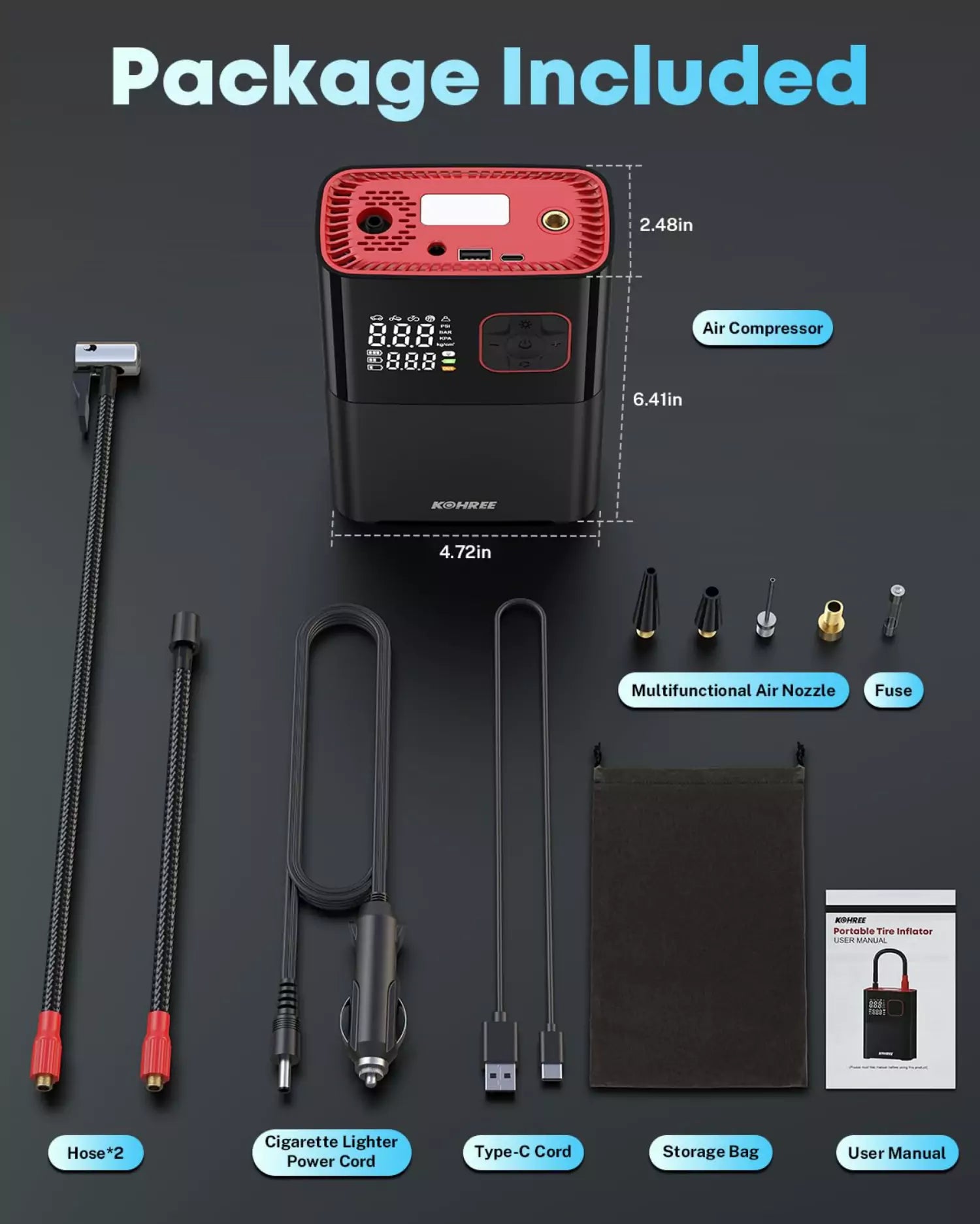 Kohree automatic tire air pump package content