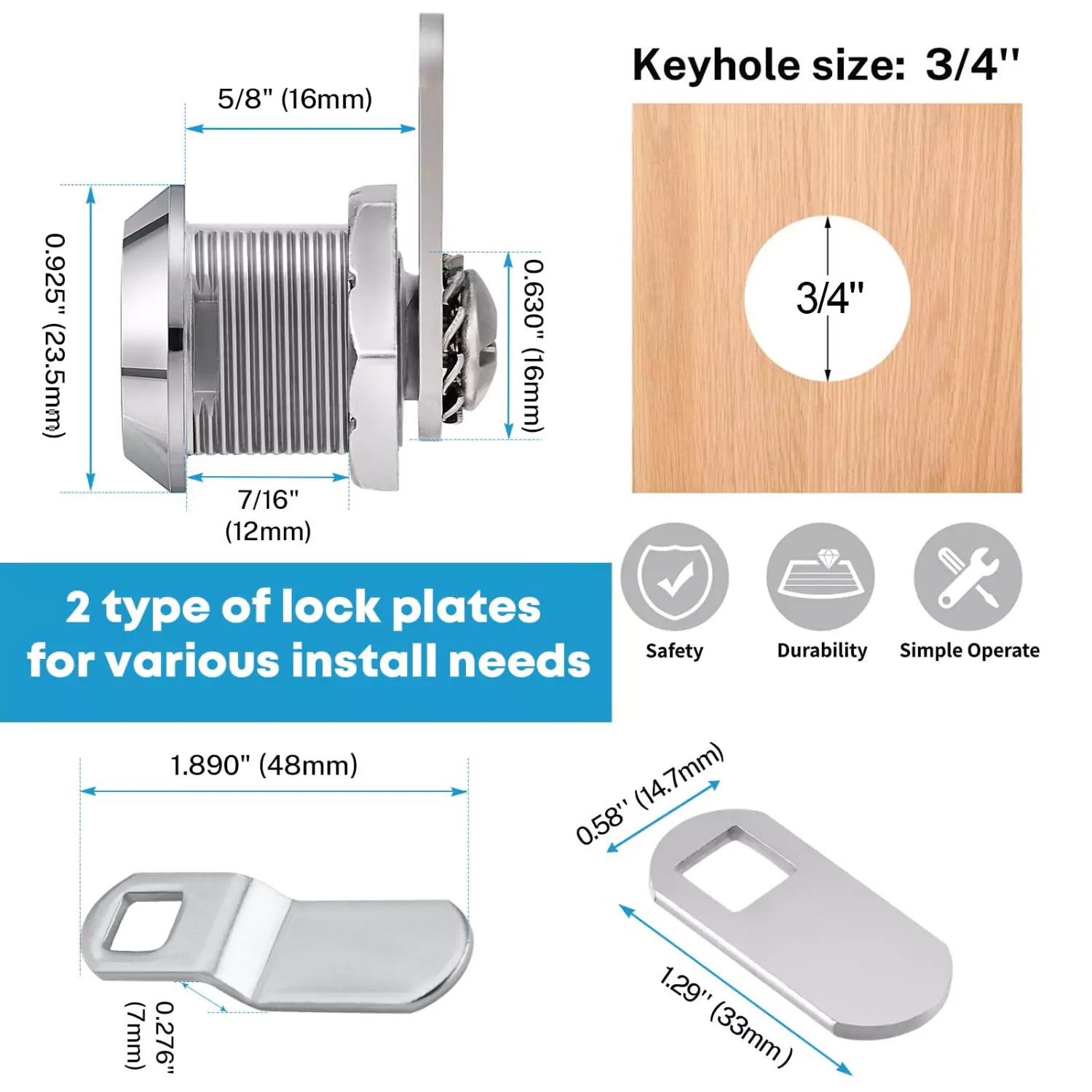 Kohree cam lock size, 2 type of lock plates for various install needs