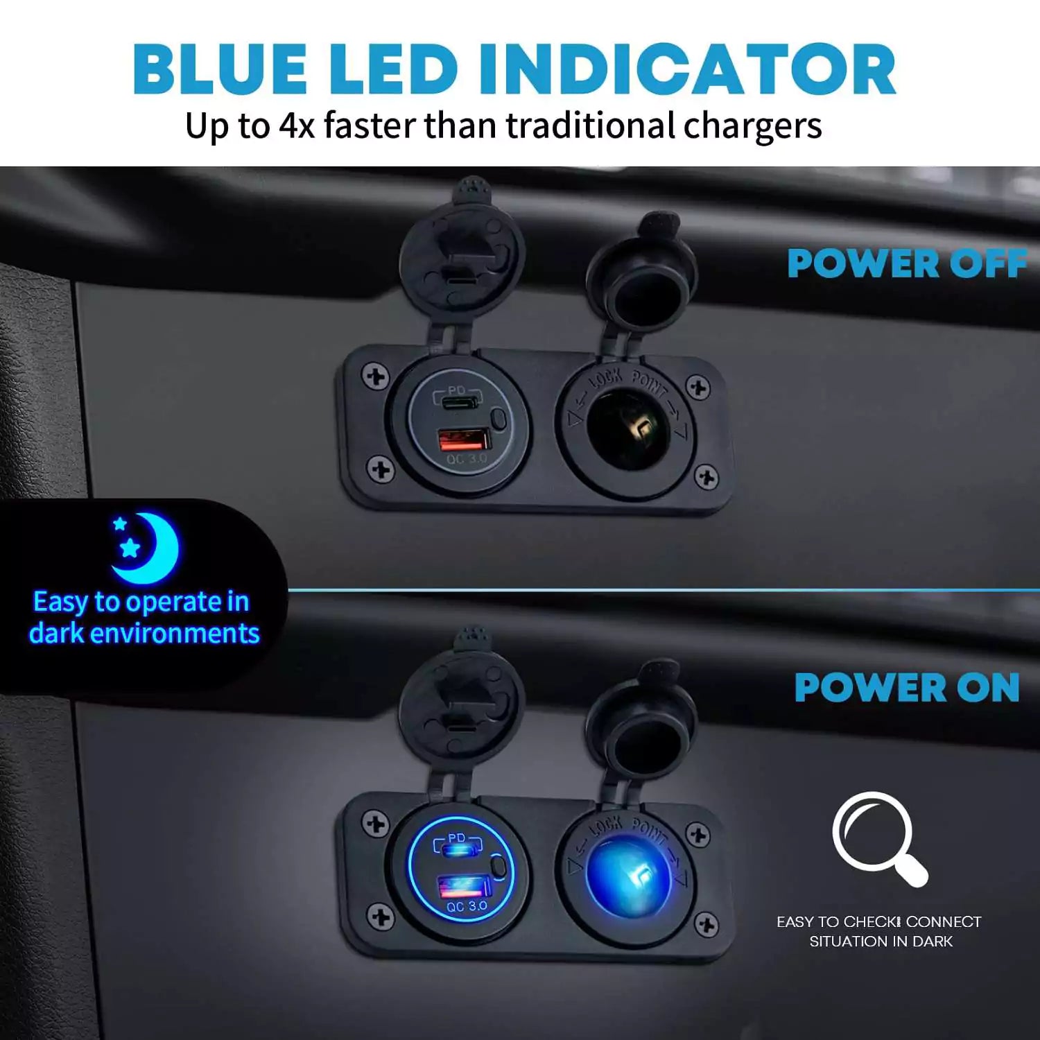 Blue LED indicator cigarette lighter socket to plug