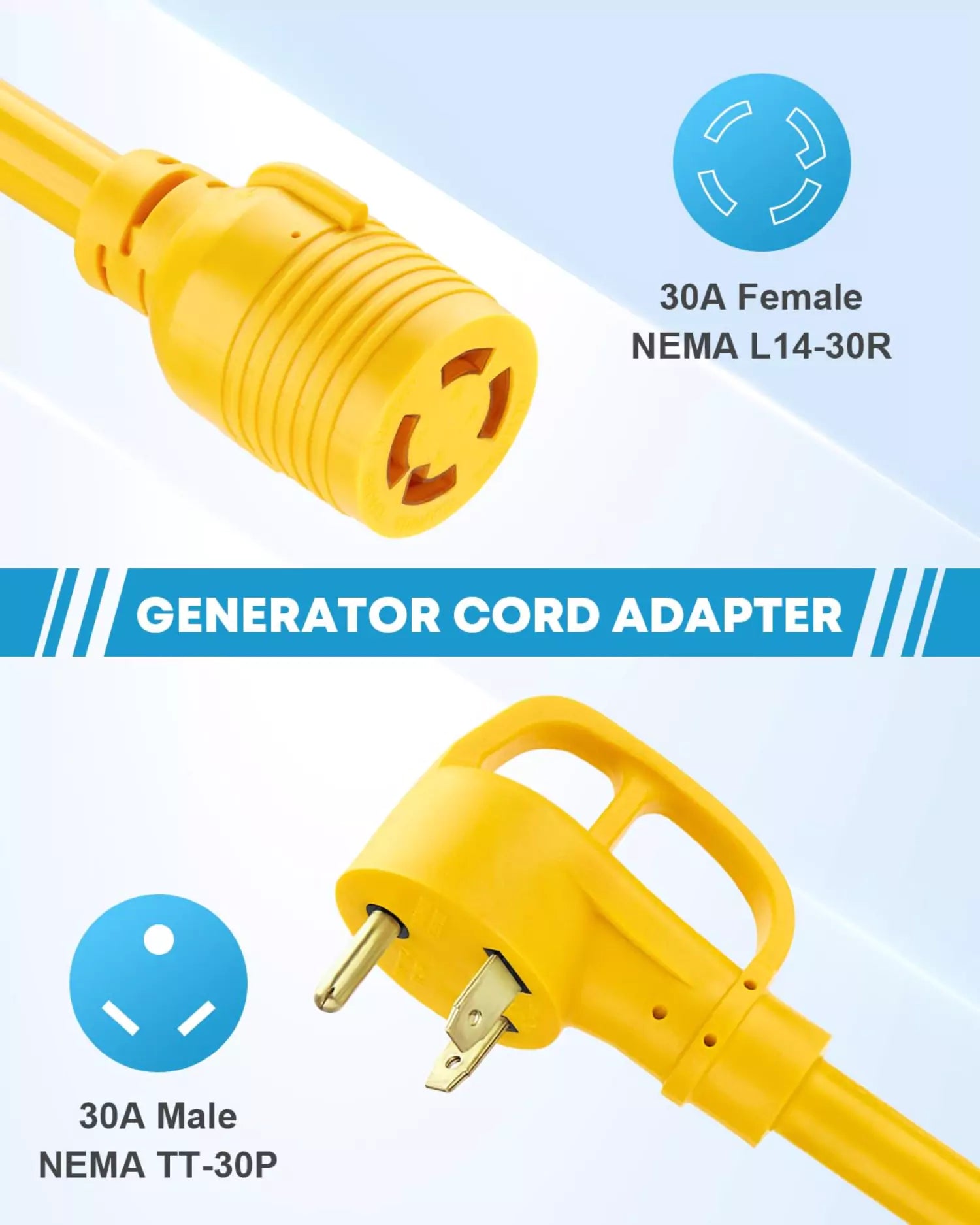 30A female NEMA L14-30R to 30A male NEMA TT-30P generaor plug adapter