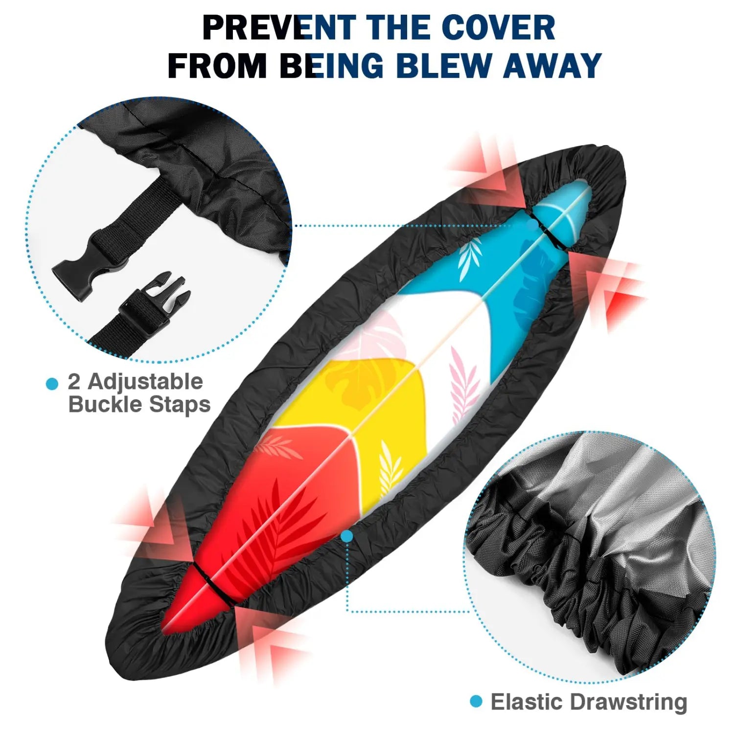 Kayak cover with buckle staps prevent the cover from being blew away