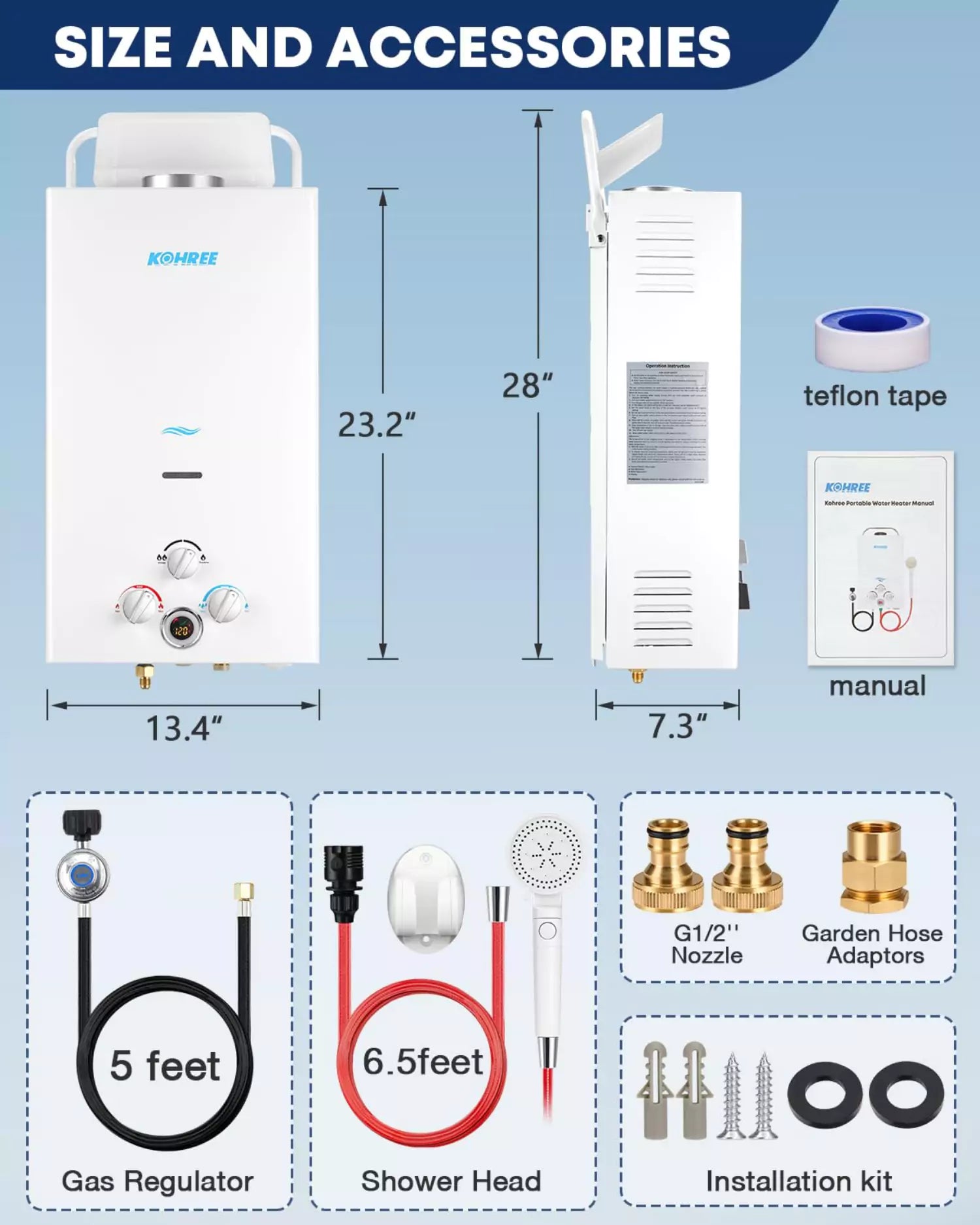 Kohree lp on demand water heater size and accessories