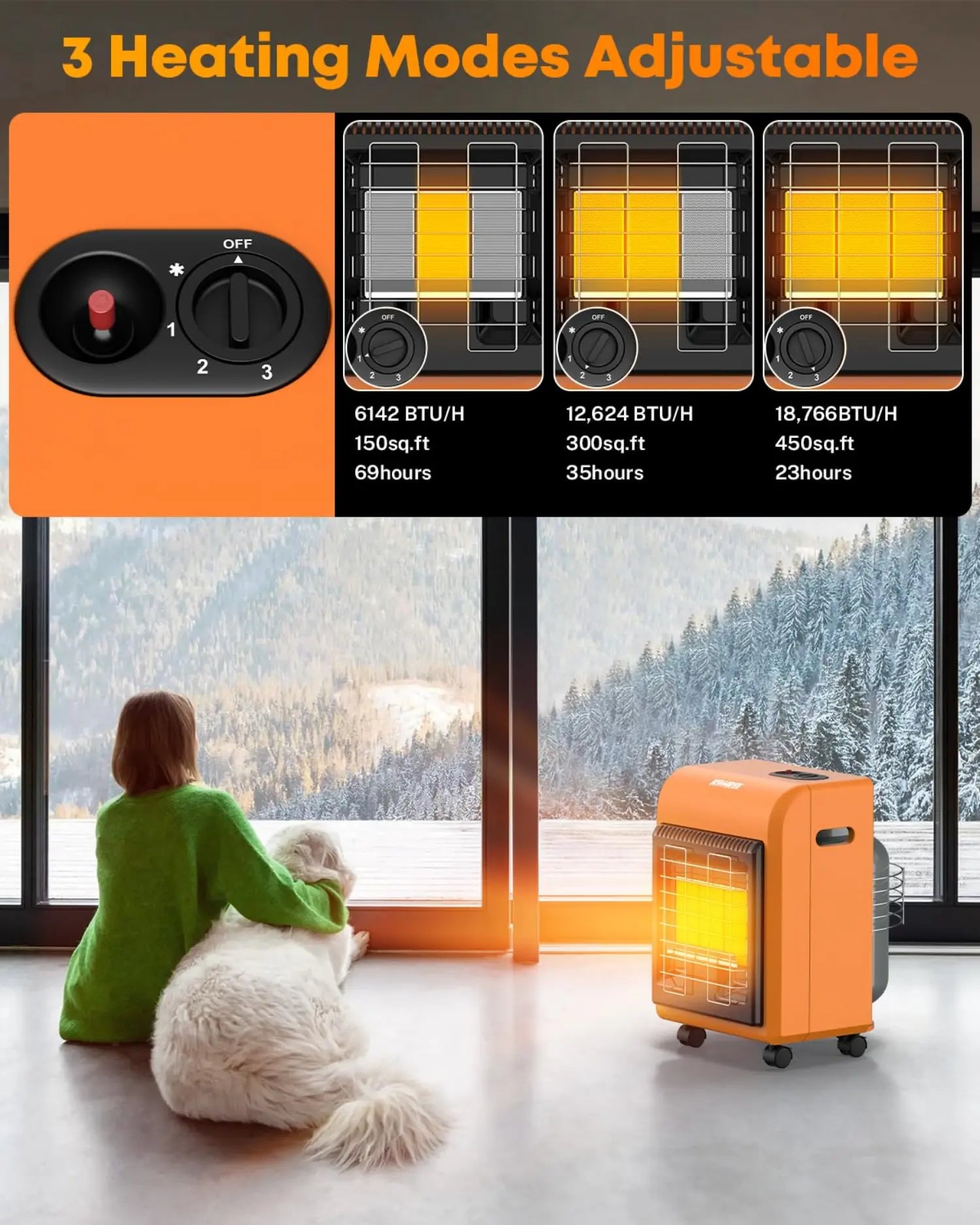 3 heating modes adjustable portable propane heater orange