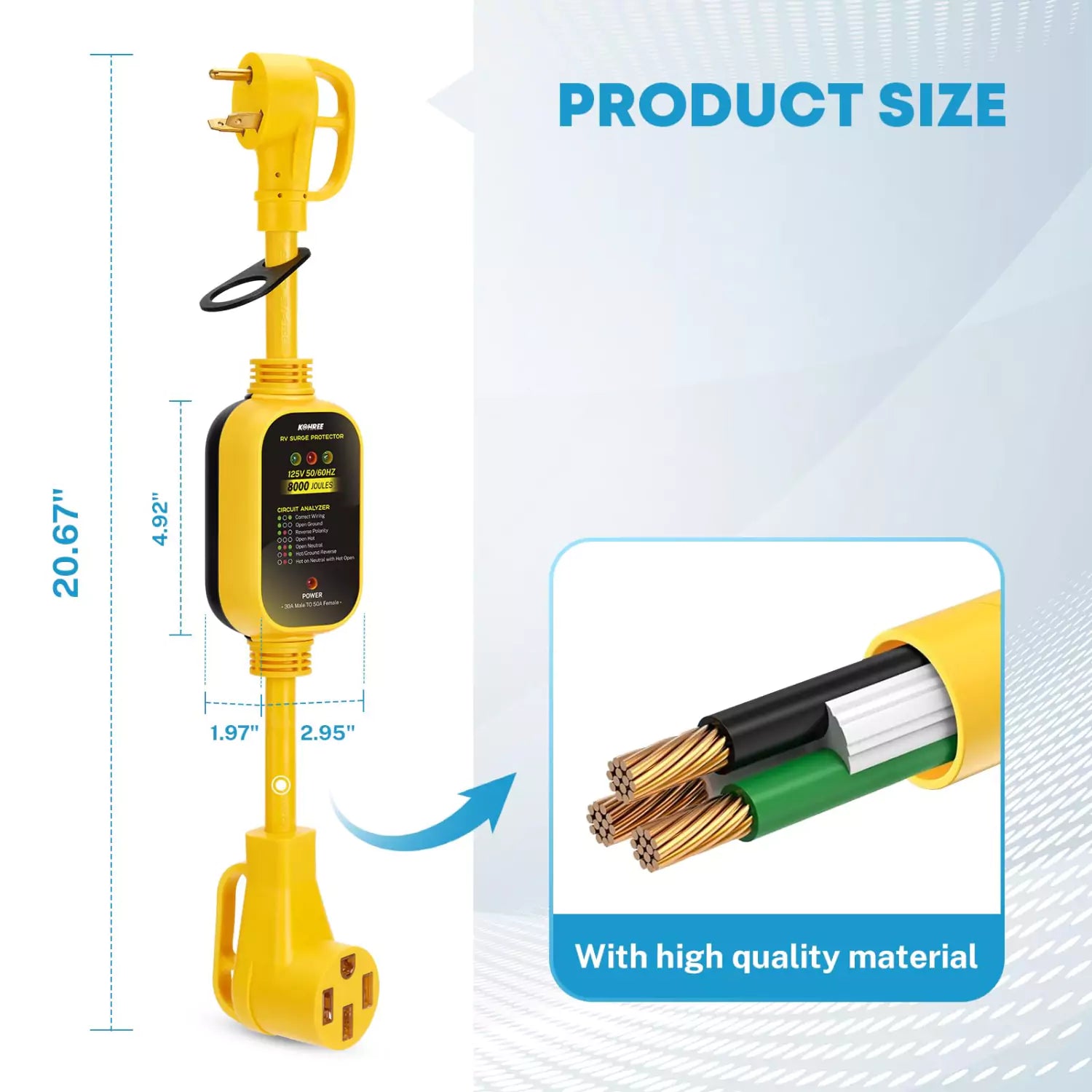 Kohree rv 30 to 50 amp adapter with surge protection size