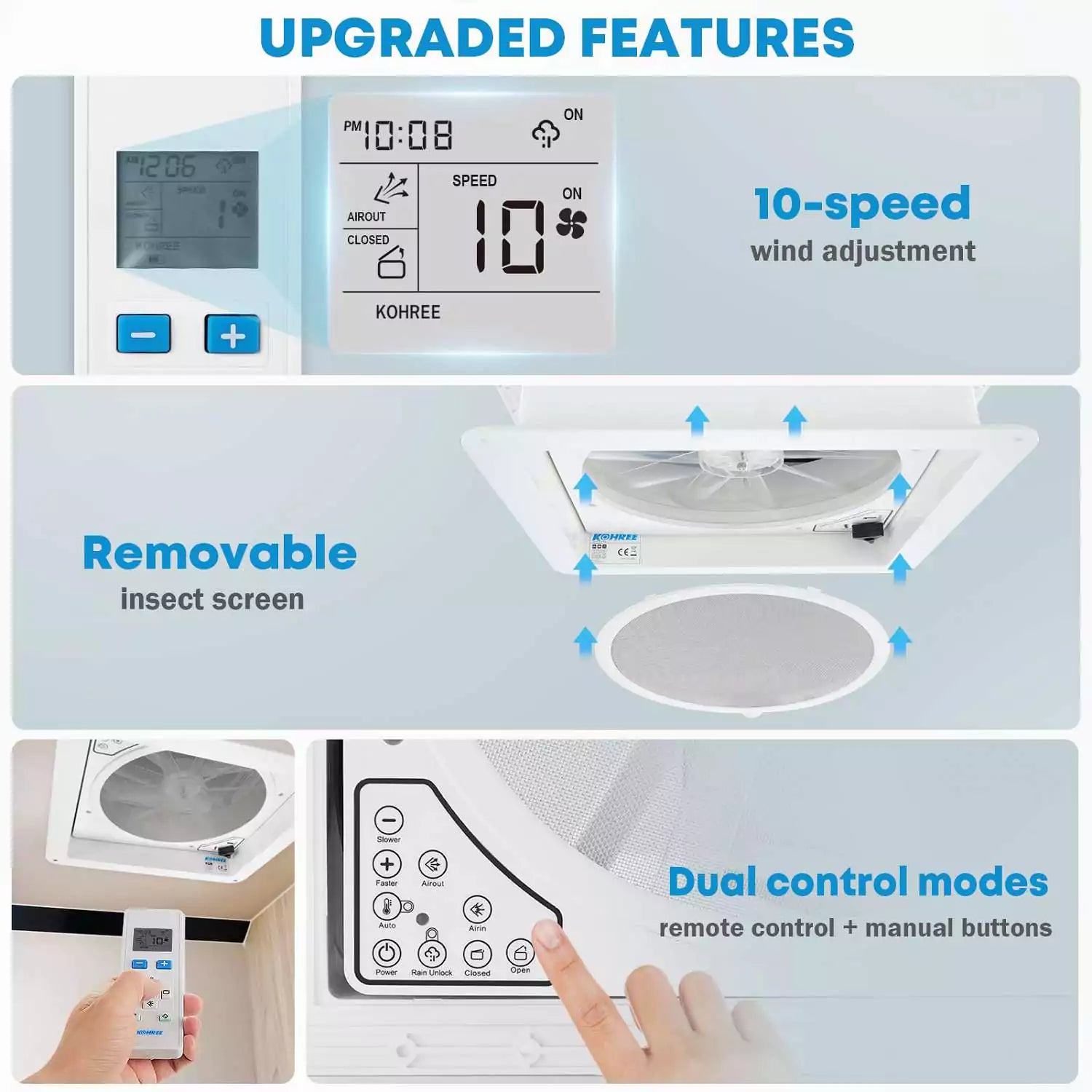 Kohree RV ceiling fan upgraded features