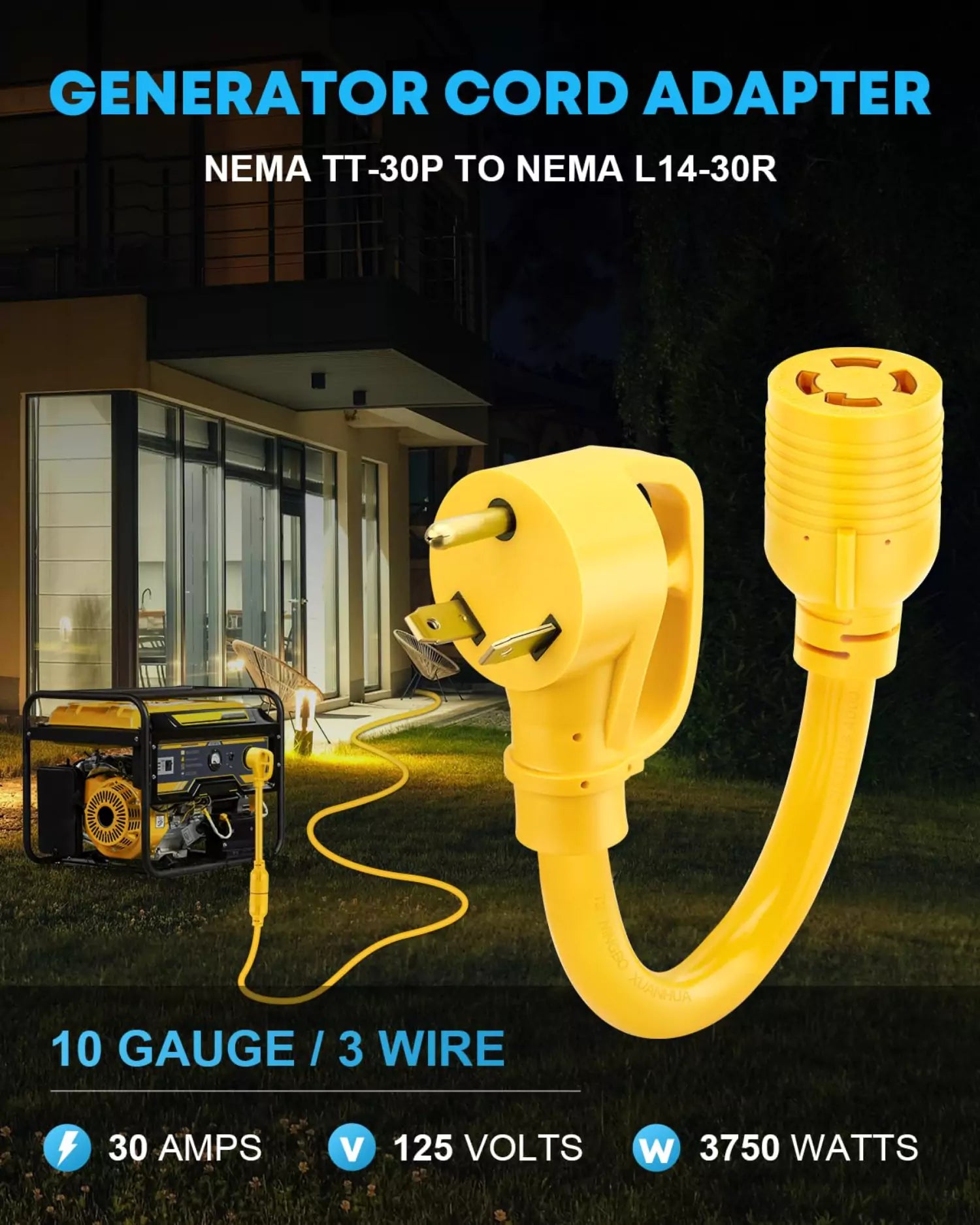 NEMA TT-30P to NEMA L14-30R generator cord adapter