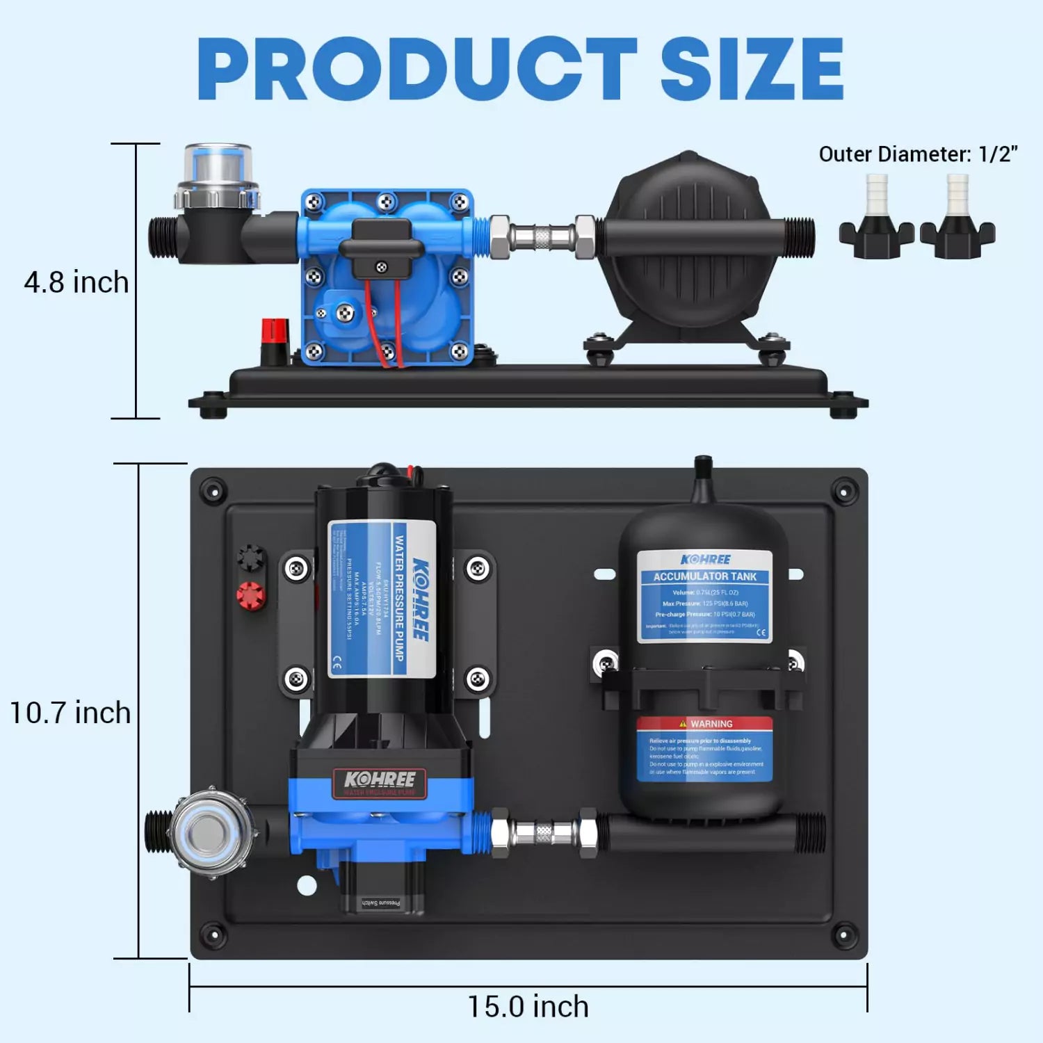 Kohree 55 GPM water pump for an RV and accumulator tank product size